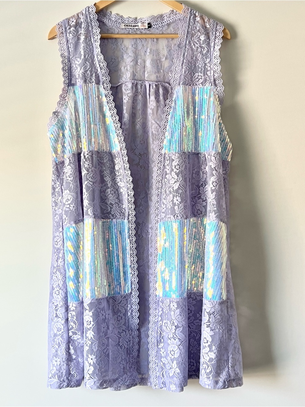 Lavender Floral Lace Sequin-Panel Duster Vest